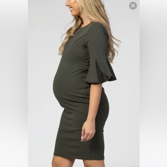 Pinkblush olive green ruffled sleeve fitted maternity dress - Picture 2 of 6